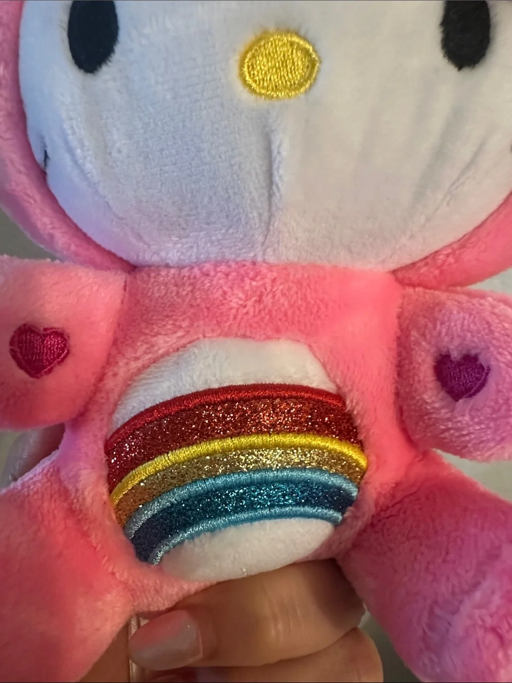 Hello Kitty Pink Plush with Red Shiny Bow and Rainbow Patch
